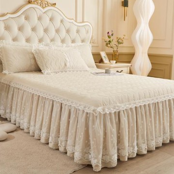 韓式純色夾棉床裙單件高端蕾絲花邊床圍裙保護套四季通用床罩防滑