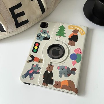 米白色360旋轉平板殼diy卡通小熊適用蘋果Air4/5平板套ipad保護套10.2寸10.9寸mini7/6防摔ipadpro11寸外殼女