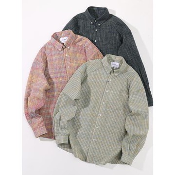 美式多巴胺黃灰格子襯衫男女情侶款開衫純棉寬松款泡泡紗外套襯衣