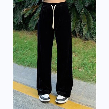 Hi 以南 黑色金絲絨闊腿休閑褲女2022年秋季新款高腰顯瘦垂感長褲