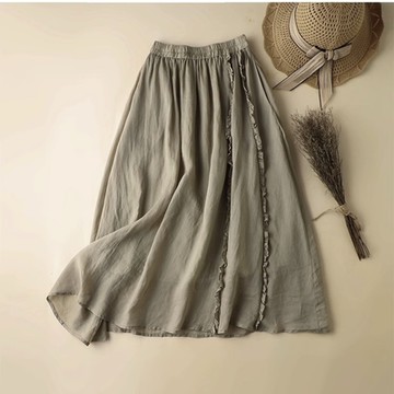 SCL 悠閒時光棉麻透氣絕美木耳邊造型高腰裙