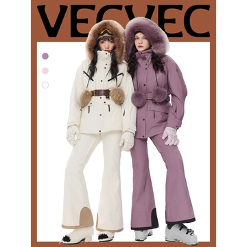 VECVEC雙板滑雪服女 滑雪套裝羽絨內膽保暖 防水防風透氣戶外大毛領外套 成人滑雪服 女士滑雪套裝