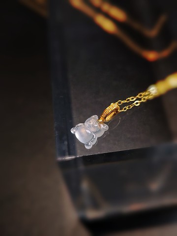 18k真金真鑽莫西沙高冰玻白剛小熊吊墜|緬甸A貨翡翠