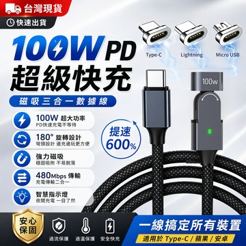 🔥限時下殺+6H出貨 磁吸旋轉充電線 PD100W快充線 超強盲吸線 TypeC快充 適用蘋果 TypeC 安卓 傳輸線