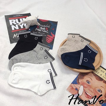 【HanVo】兩條線的微笑短襪 韓系簡約百搭舒適棉質襪 韓國潮流時尚休閒襪 女生配件 A12-6130