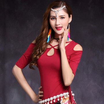 肚皮舞上衣女舞蹈練功服裝性感風遮肚子莫代爾抽繩中袖表演出紅色