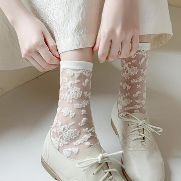 小碎花襪子女中筒襪春夏超薄款網襪復古ins潮夏天防臭水晶絲長襪