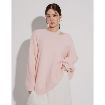 AIR SPACE PLUS 不對稱領挖空長袖長版仿貂毛毛衣(粉紅/酒紅) 女裝 現貨 大尺碼 中大尺碼