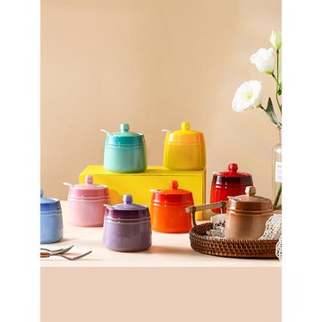 法國新品陶瓷英文浮雕調味盅 家用廚房調料罐帶蓋送勺 彩虹圓鹽罐