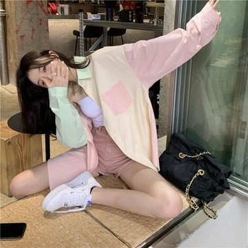 襯衫女  設計感拚色  夏裝新款小清新  寬鬆中長款  別緻長袖防曬開衫女 WH