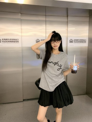 【missy shop】珠光織語圓領寬鬆短袖T恤-84897