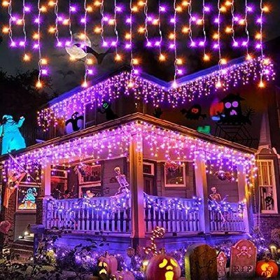 Hezbjiti Halloween Lights Decorations Outdoor Orange ＆ Purple 400 LED 32.8 FT 8 Modes 75 Drops Fairy String Curtain Lights for Halloween Decor Eaves