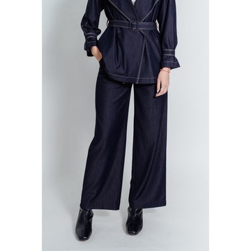 AVVJOY絲光藍修身直筒褲立體剪裁寬鬆直筒面料柔軟舒適