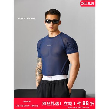 TOMATOPAPA運動背心網紗薄款圓領體恤字母印花性感訓練健身打底衣