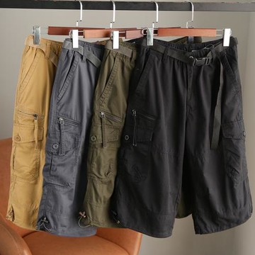水洗紗卡棉！配卡扣腰帶！外貿男裝夏季多口袋工裝休閑七分短褲潮