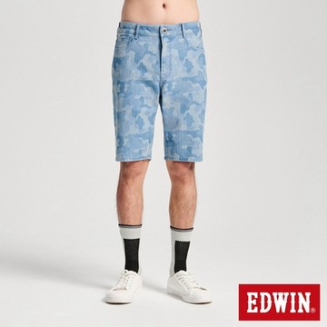 EDWIN 男裝 冰河玉斜紋 迦績JERSEYS 迷彩丹寧短褲-拔淺藍
