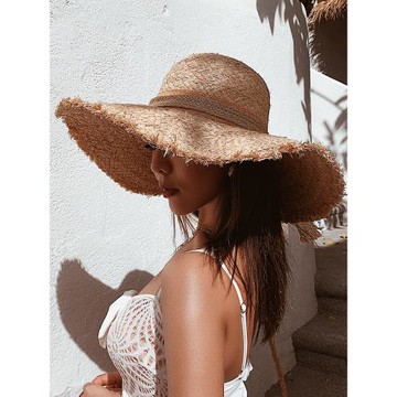 網紅草帽女夏季毛邊大檐拉菲草沙灘帽子潮韓版百搭海邊防曬遮陽帽