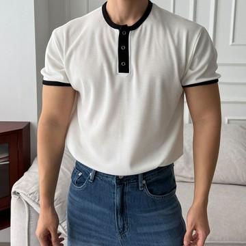 正韓半合身華夫格撞色滾邊亨利領短袖上衣 3色 YUPPIE 預購商品 0706