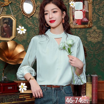 立領純色鏤空壓褶插肩袖上衣(2色) M-2XL【434936X】【現+預】☆流行前線☆