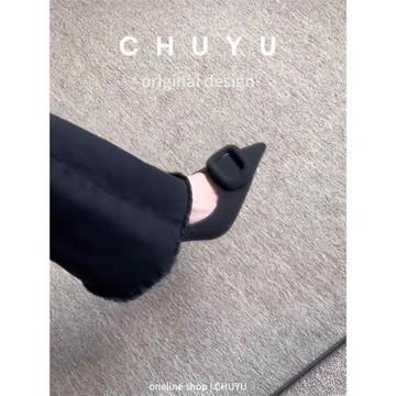 法式不累腳絨面細跟高跟鞋女新款方扣淺口單鞋黑色百搭通勤工作鞋