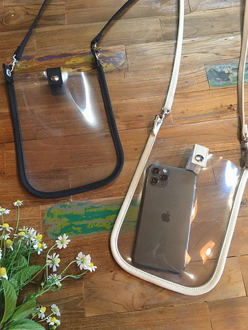 PVC材質與倉敷帆布 手機斜背包 側背包 應援小物 透明×黑 透明×淺褐色