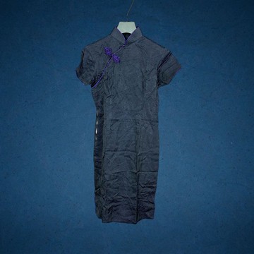 二手 古董訂製 黑紫配色 盤扣 織紋 小開衩 短袖 旗袍 CA801