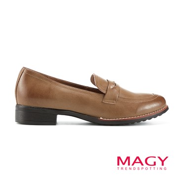 MAGY 金屬細條真皮樂福粗低跟鞋 棕色 #14792