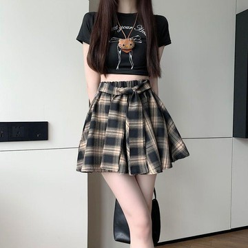 【復古高級感】格子半身裙 女 辣妹風 高腰綁帶 A字裙 小個子 百搭 顯瘦 短裙 辣妹短裙 中長裙 半身短裙 格子裙