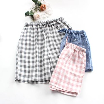 夏季純棉情侶短褲全棉雙層紗布格子女士家居褲薄款男短睡褲可外穿