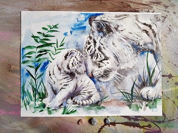可愛的白虎藝術品手繪水彩畫在紙上