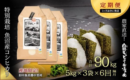 ≪令和5年産≫農家直送！魚沼産コシヒカリ特別栽培「白羽毛の米」精米(5kg×3袋)×6回  90kg