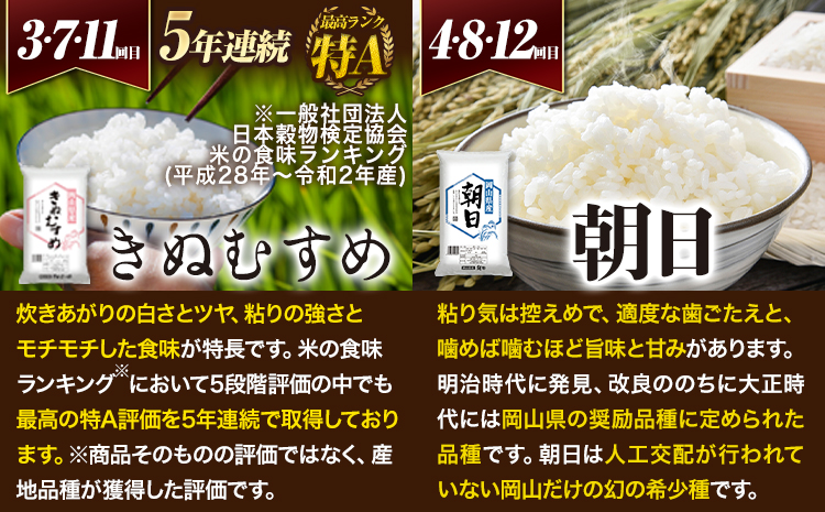 岡山県産のお米4品種食べ比べ頒布会 全12回 岡山県産 白米 精米 矢掛町 毎月違う品種が届く！《お申込み月の翌月から出荷開始》 あきたこまち きぬむすめ ひのひかり 朝日 米 コメ 定期便 送料無料---ofn_4syurtei_23_137000_mo12num1---