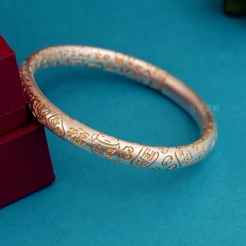 (免運)S9999足銀描金古法銀吉言手鐲新中式招財貓平安喜樂純銀鐲子禮物