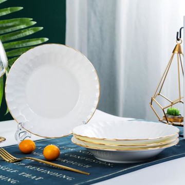 歐式湯盤8英寸陶瓷深盤家用菜盤子骨瓷創意圓形餐盤套裝飯盤4個裝