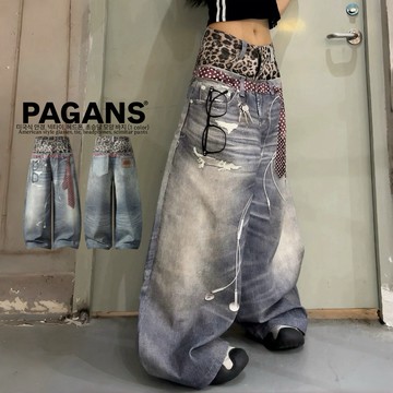 【PAGANS STORE】韓國 街頭 雙褲頭 豹紋 3D印花 水洗 領帶 眼鏡 耳機 印花 牛仔 彎刀褲 牛仔褲 長褲