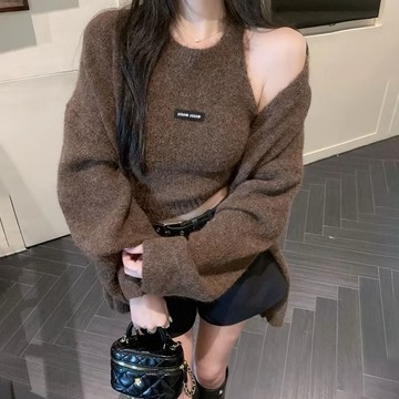 (現貨)韓版 ins 網紅款 針織 黑標削肩背心+外套 兩件套 親膚 舒適好穿 顯胸 視覺顯瘦 可分開搭配 韓系穿搭