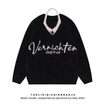 甜辣風拼色假兩件v領掛脖毛衣女秋季慵懶風軟糯寬松百搭長袖上衣