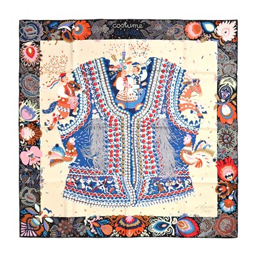 Hermes 愛馬仕 Costume de Fete 90 派對服裝真絲方巾(黑/奶油/藍)