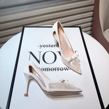 韓版新款法式尖頭蝴蝶結網紗蕾絲細跟單鞋溫柔仙女風高跟鞋禮服鞋