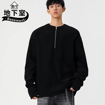 地下室B1-長袖T恤 美式文藝慵懶條紋寬鬆潮流半拉鍊長袖T恤 燈心絨 圓領 男生 t恤 大尺碼4XL【NL665014】