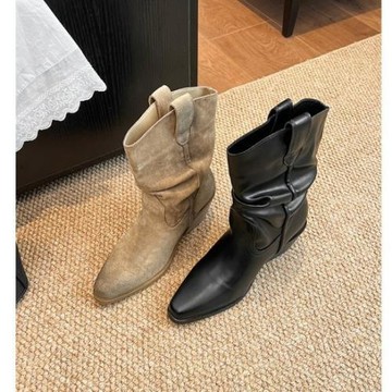 趙露思同款尖頭百搭堆堆靴中筒靴女復古高跟西部牛仔騎士靴馬丁靴