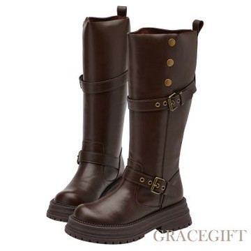 【Grace Gift】聖水街頭2WAY反折皮帶卯釘顯瘦長靴 咖