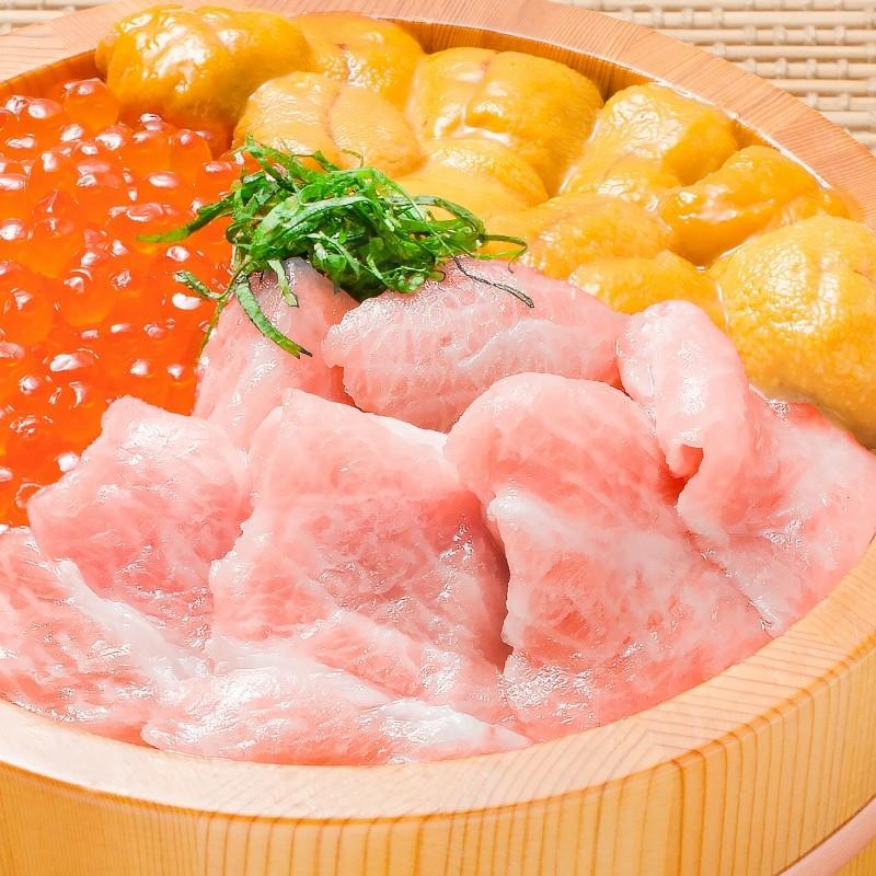 築地の海鮮丼セット 極み 約3〜4人前 本マグロ大トロ特盛り200g＆無添加生うに＆北海道産イクラ。