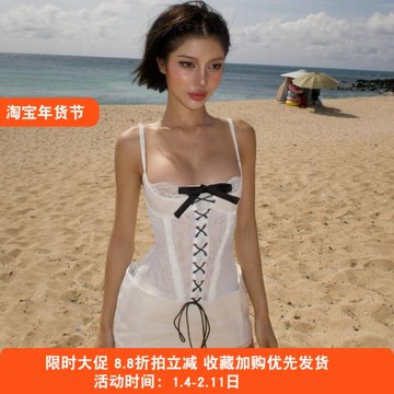 法式辣妹風性感透視網紗蝴蝶結吊帶連衣裙女夏設計感拼接包臀短裙