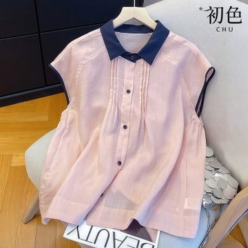 初色 韓系通勤風拼接撞色翻領排扣前胸壓摺飛飛無袖襯衫上衣女上衣-共2色-51826(M-2XL可選)