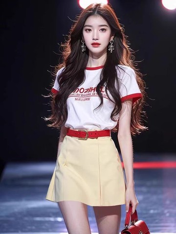 韓系女裝 夏季茶系穿搭 一整套 休閒通勤風 時尚白色T卹黃色假兩件短裙 套裝女