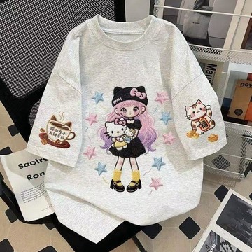 🎁2026童裝熱賣款🎁2026夏季女童星星短袖T恤卡通洋氣仿刺繡印花中大童寬鬆上衣服潮