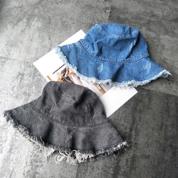 破洞牛仔漁夫帽女毛邊盆帽寬沿百搭乞丐帽做舊禮帽情侶遮陽帽休閑