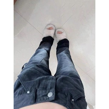 美式ins複古高街做舊秋季牛仔褲子女小衆百搭高腰顯瘦闊腿直筒褲