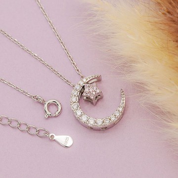 Devalier 誕生石項鍊女士配飾銀SV925 水晶月亮星星環繞十月生日禮物粉紅碧璽色